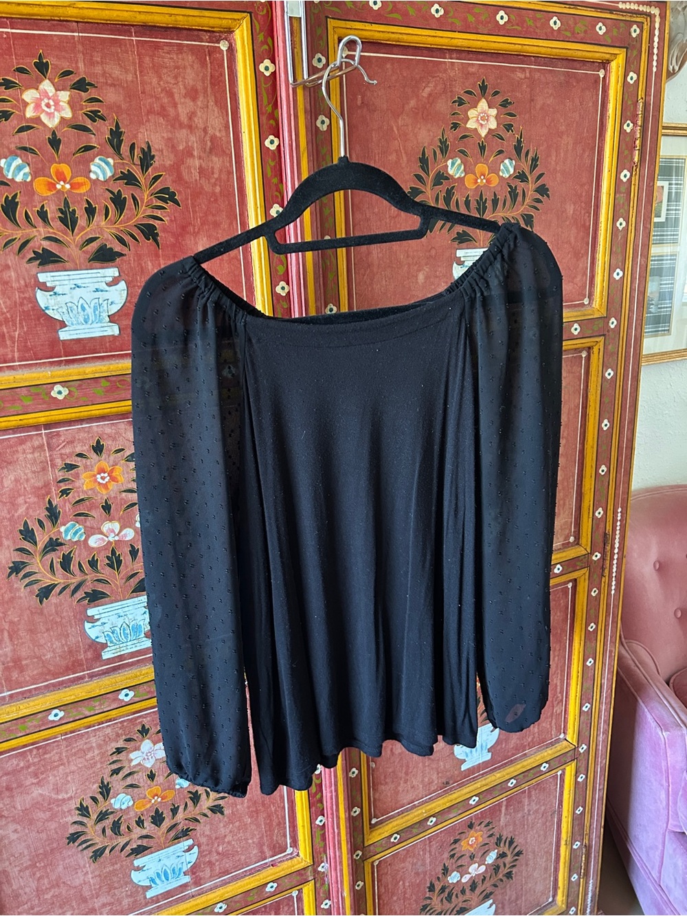 Loft Black Square Neck Polka-Dot Sheer Long Sleeve Top